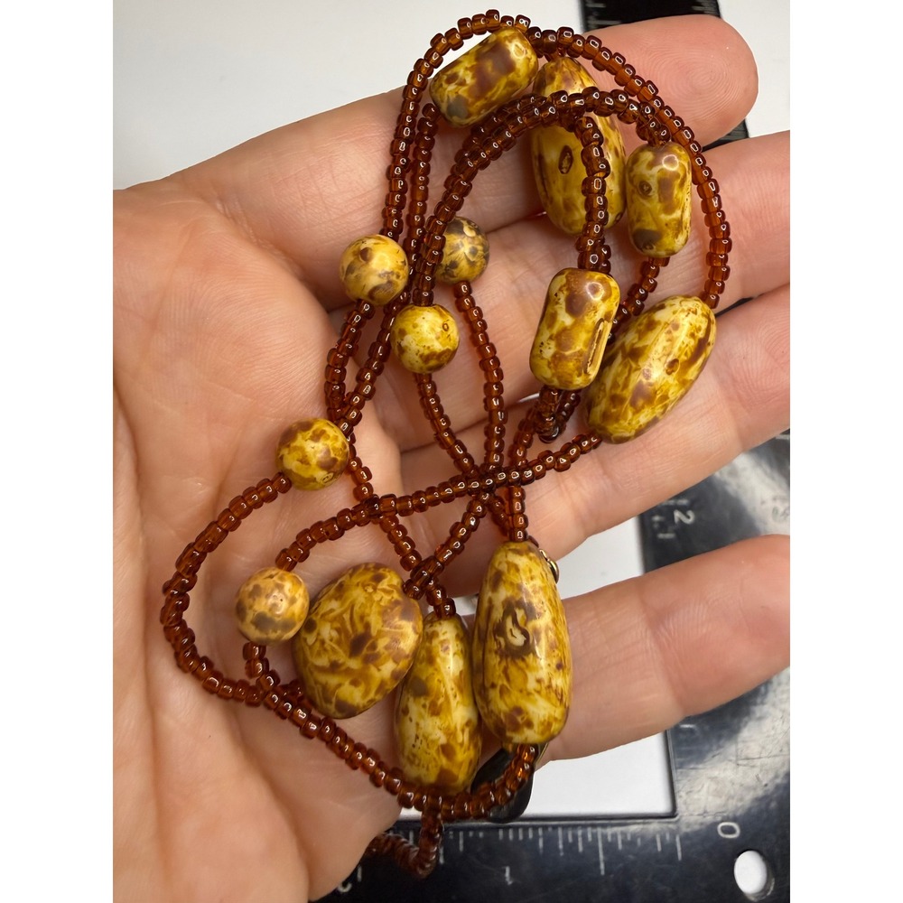 Beaded Eyeglass Chain Amber Seed Beads Marbled Yellow Brown Boho Glasses Holder